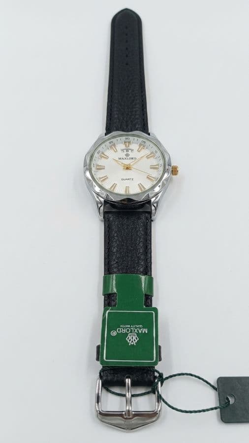 Maxlord MP-004G Men's Quartz Watch – White Dial & Black Leather