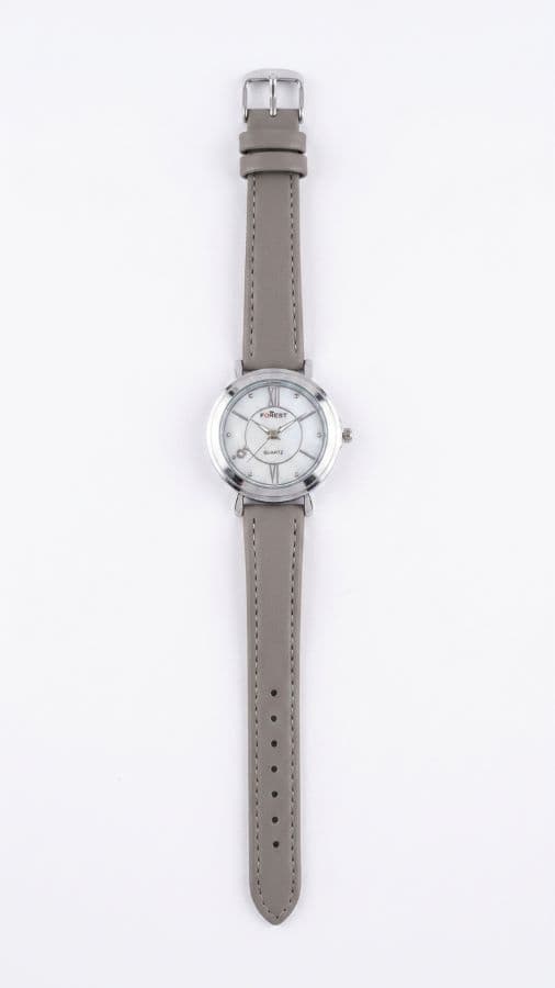 Women’s Elegant Grey Leather Strap Quartz Watch – White Dial with Silver-Tone Case