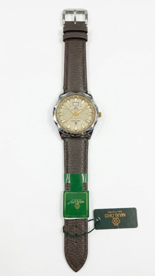 Maxlord MP-004G Men's Quartz Watch – Silver Dial & Brown Leather