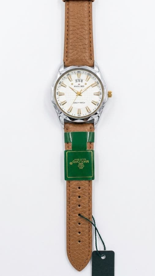 Maxlord Men's Analog Watch – Textured White Dial & Leather Strap