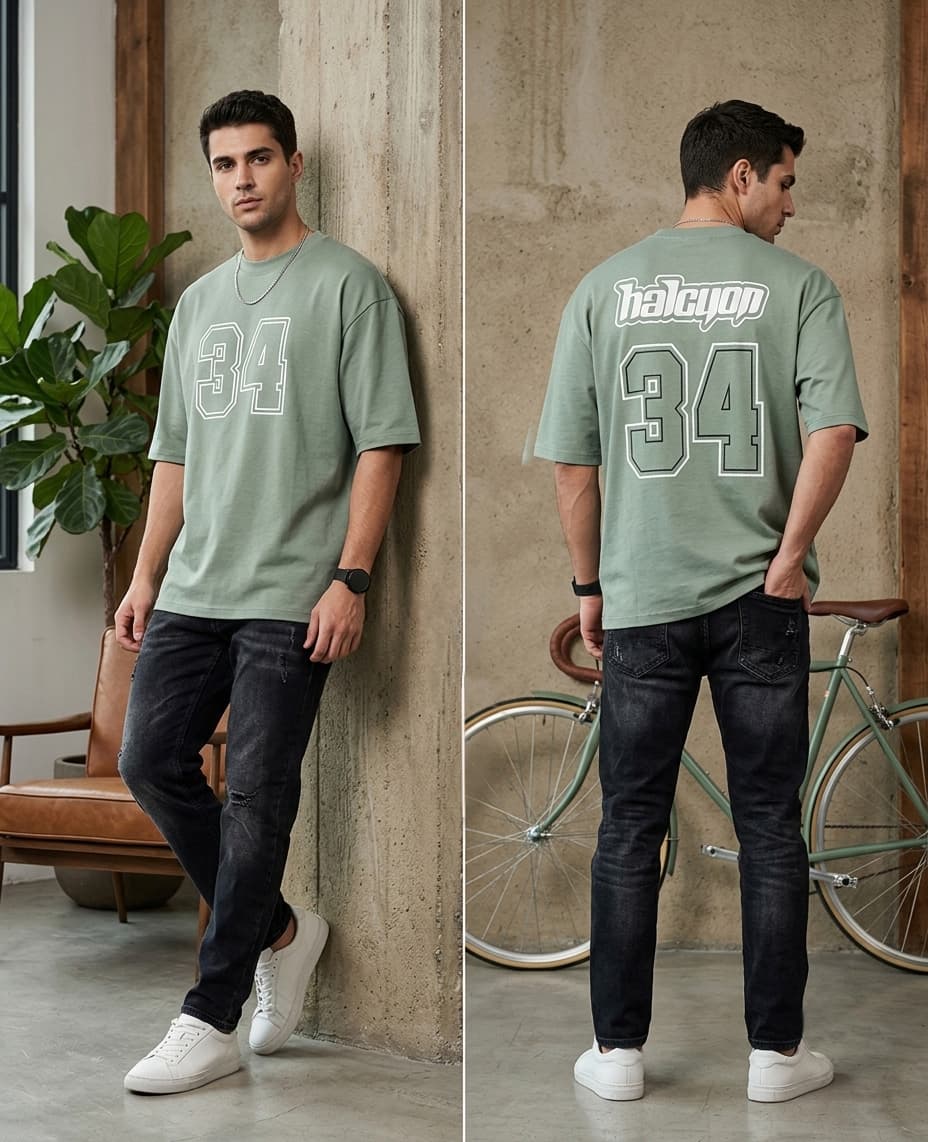 Premium Light Green Halcyon 34 Varsity Drop Shoulder Cotton T-Shirt –