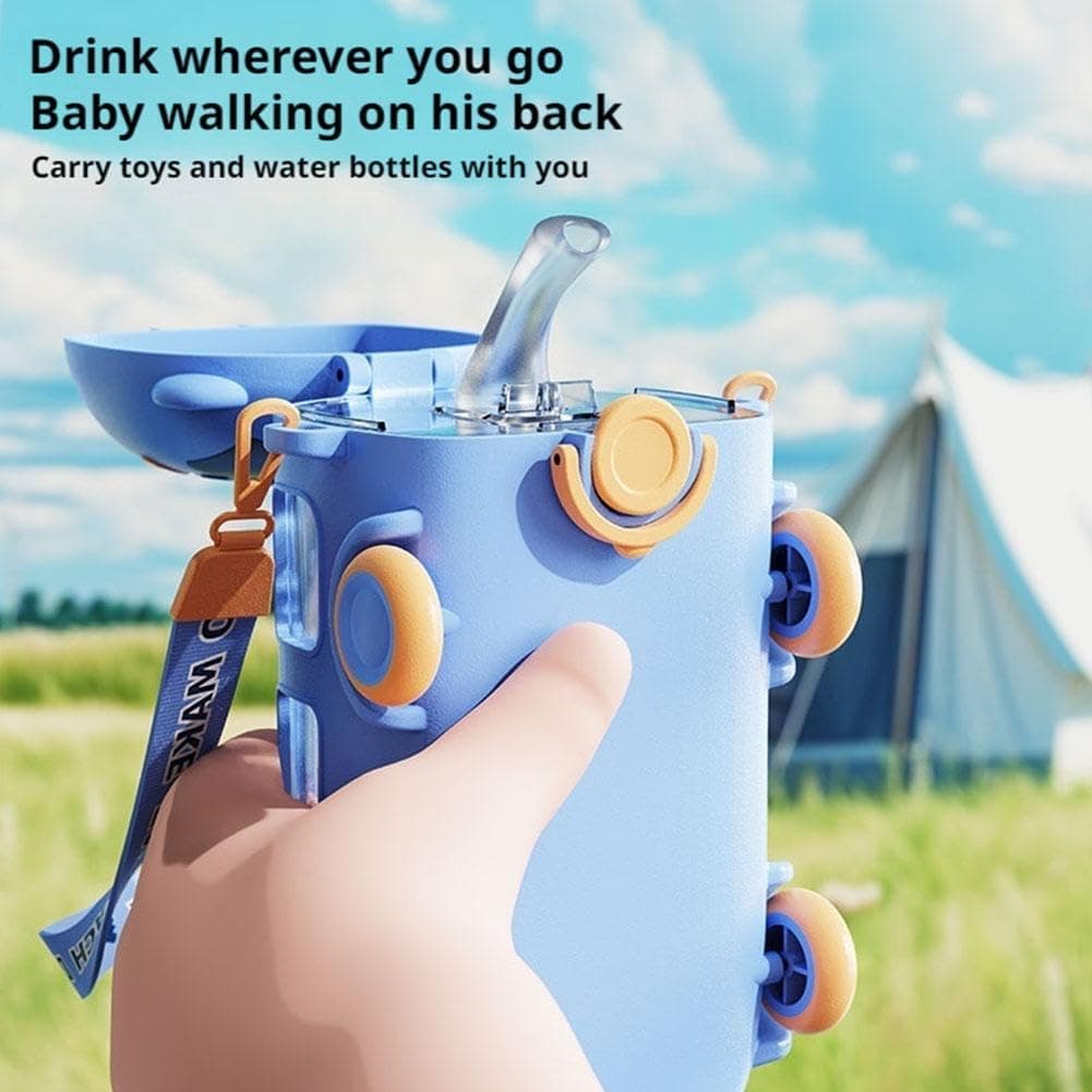 Cute Bus Shape Kids Water Bottle with Straw & Shoulder Strap | Leak-Proof Portable Drinking Bottle