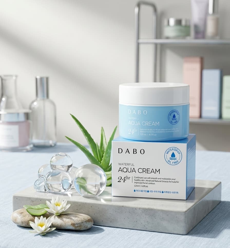 Dabo Waterful Aqua Cream, an oil-free facial moisturizer in a 120ml (4.0 fl. oz.) container.