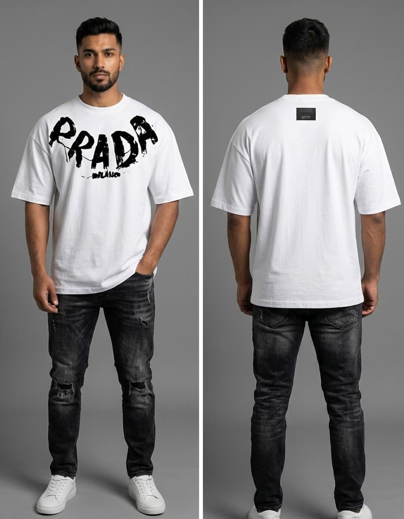 Premium Prada Milano White Signature Drop Shoulder T-Shirt