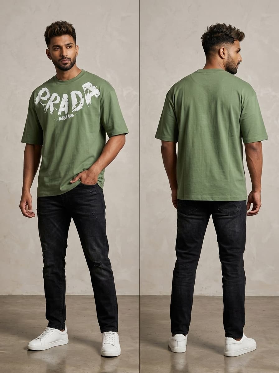 Premium Prada Milano olive green Signature Drop Shoulder T-Shirt
