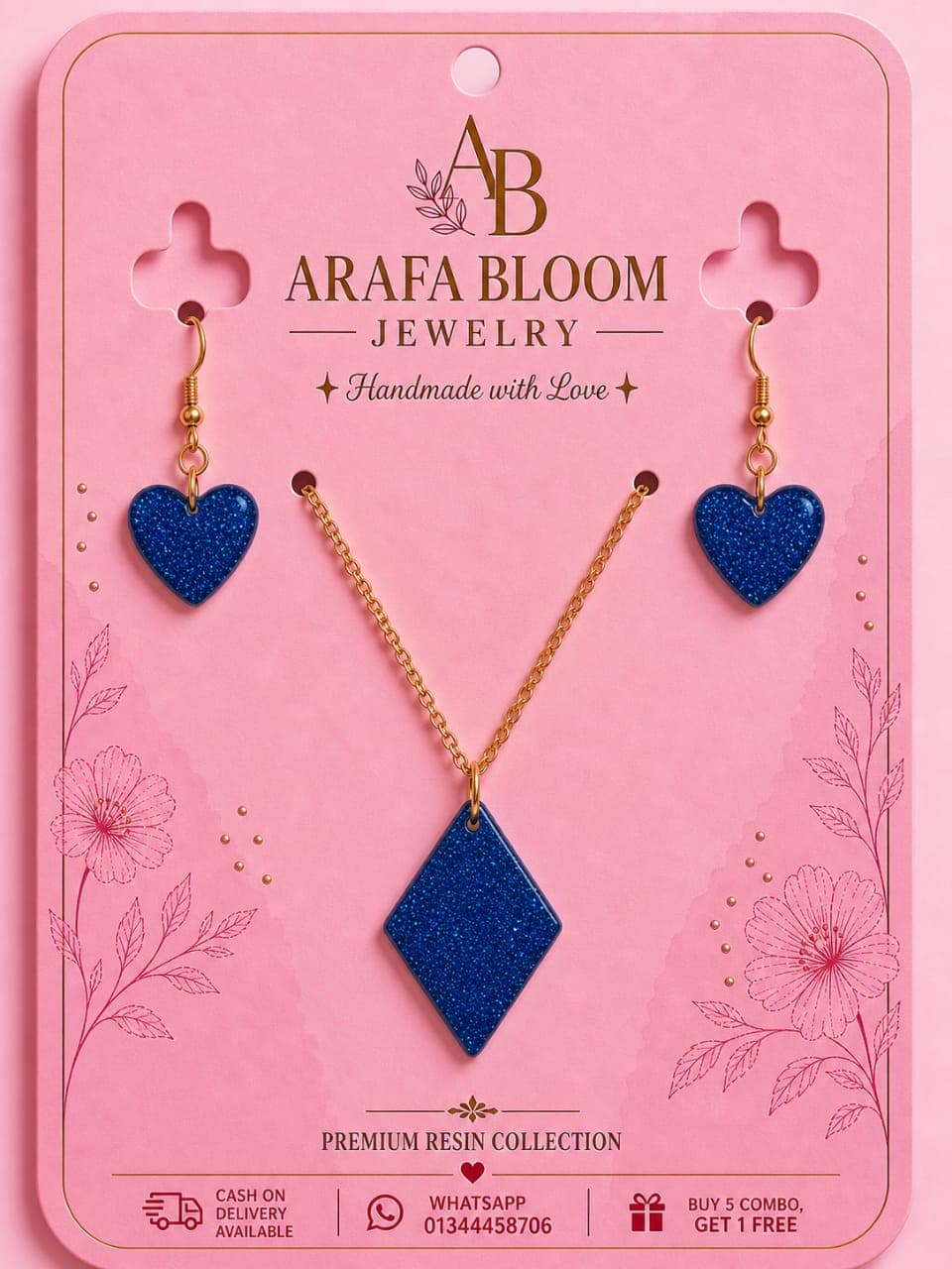 Arafa Bloom Premium Resin Blue Glitter Diamond Necklace and Heart Earring Set