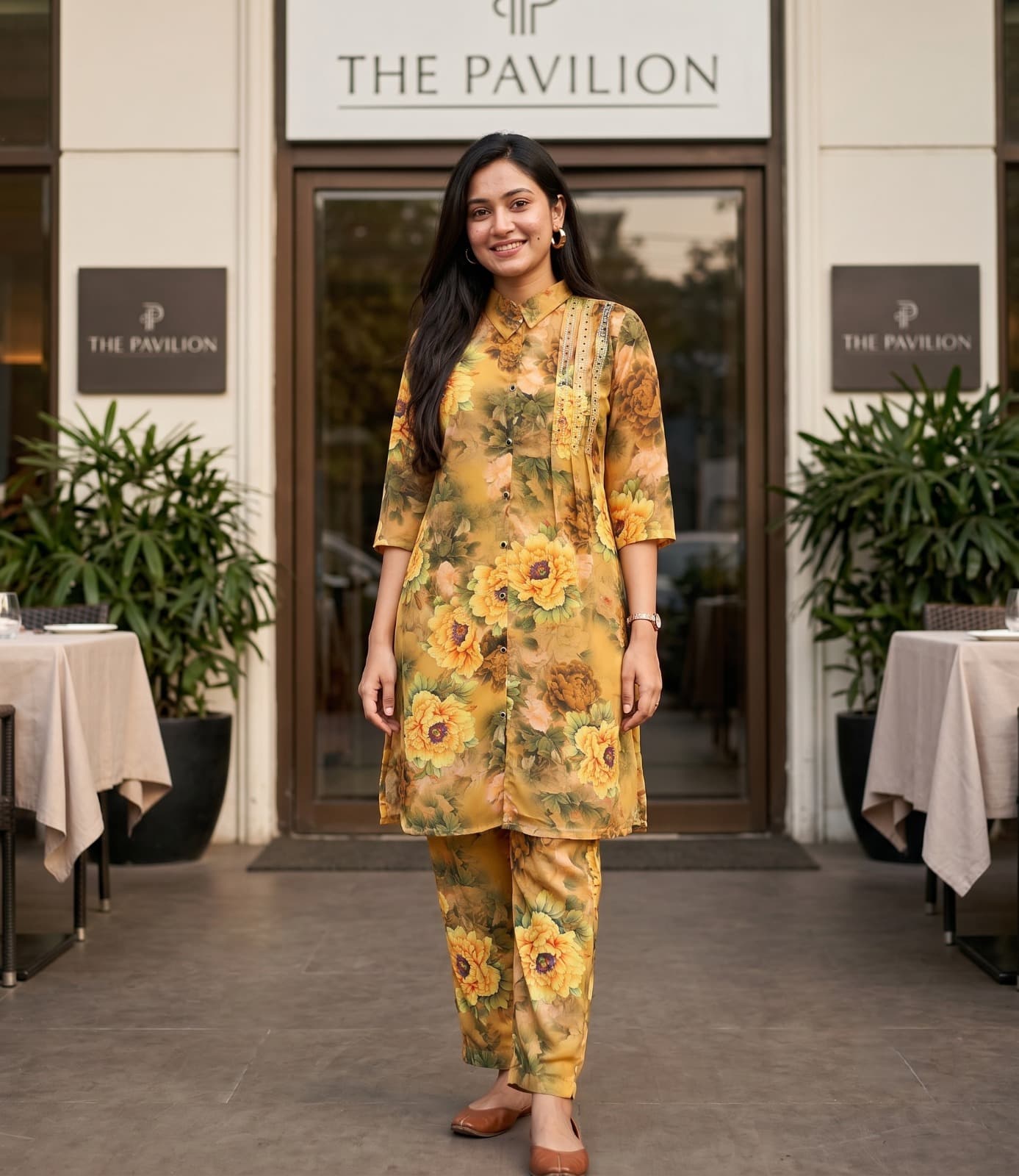 Simroz Golden Meadow Mustard Floral Digital Print Kurti Set