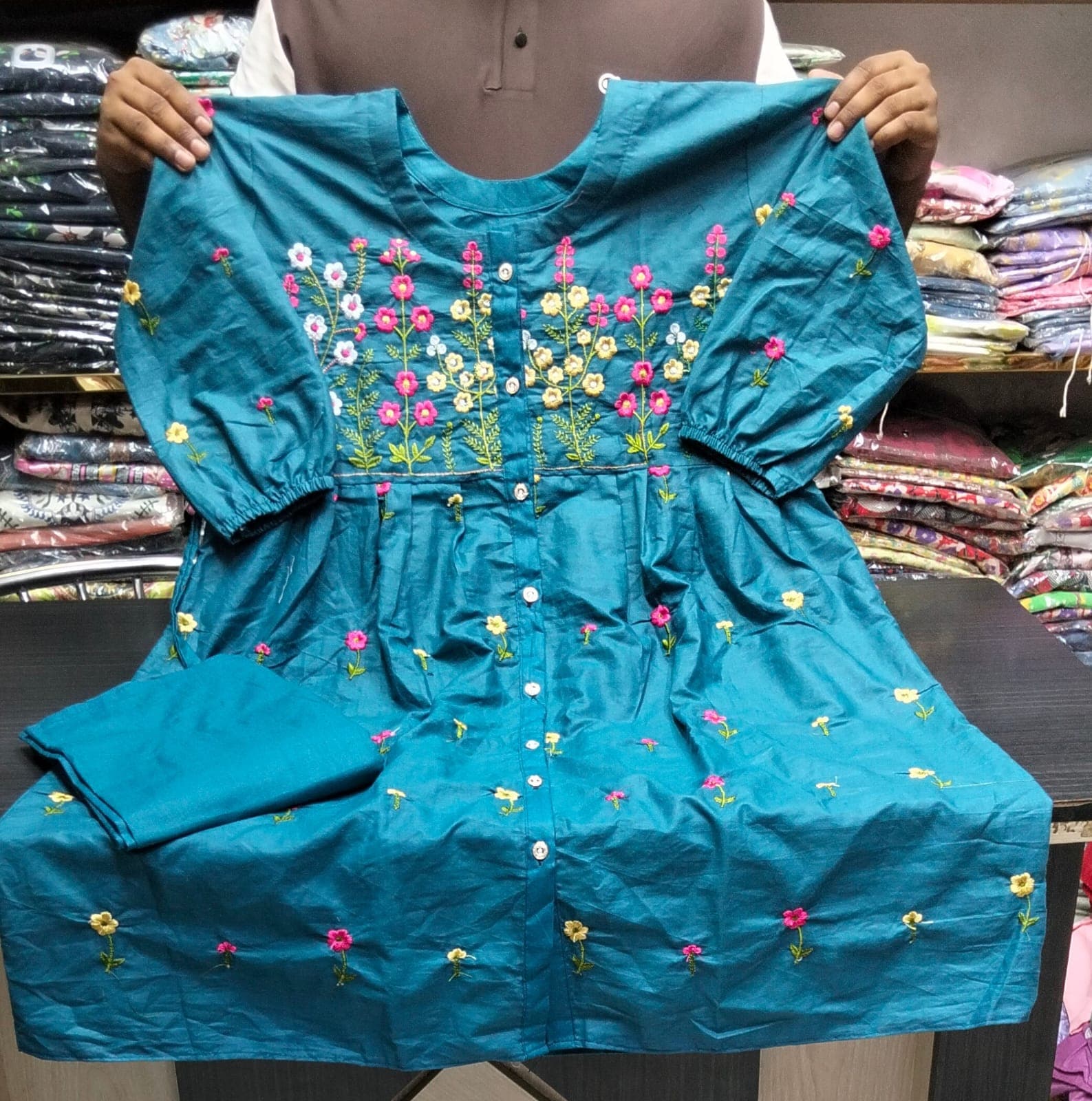 Premium Blue Cotton Floral Embroidered 2 pecs set
