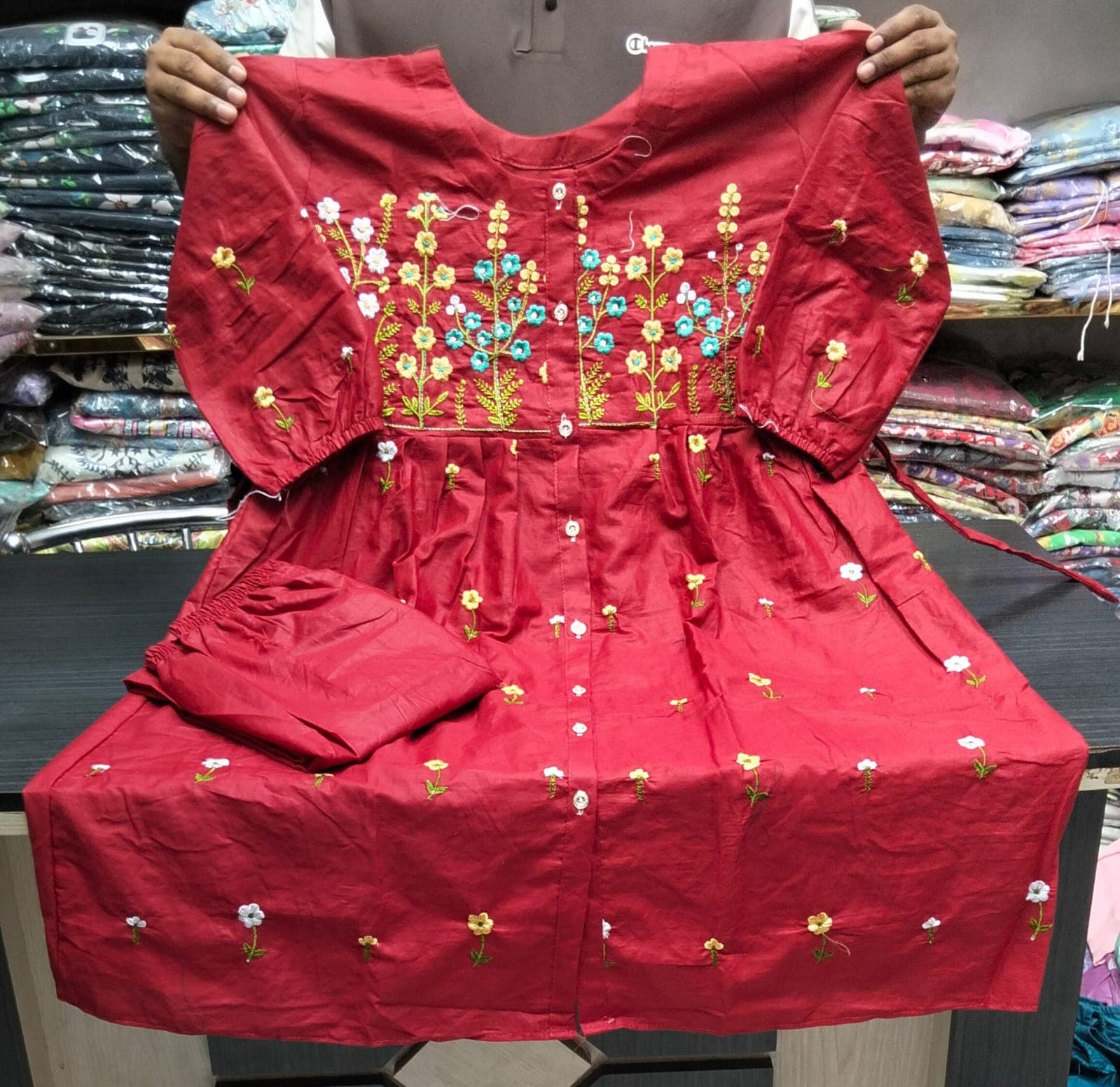 Premium Red Cotton Embroidered Kurti 2-Piece Set