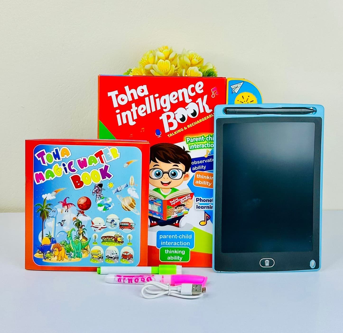 Kids Intelligence Learning Combo Set – 58 Pages Intelligence Book + Water Activity Book + 8.5" Multi Color LCD Writing Tablet