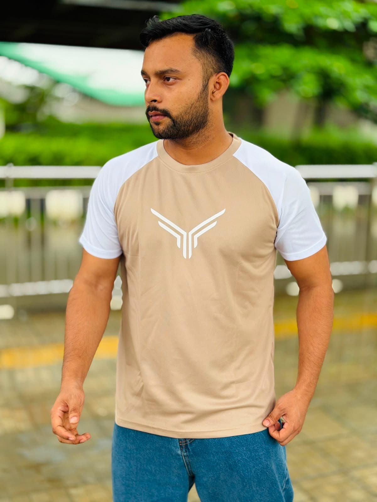 Beige & White Wing Logo Raglan T-Shirt