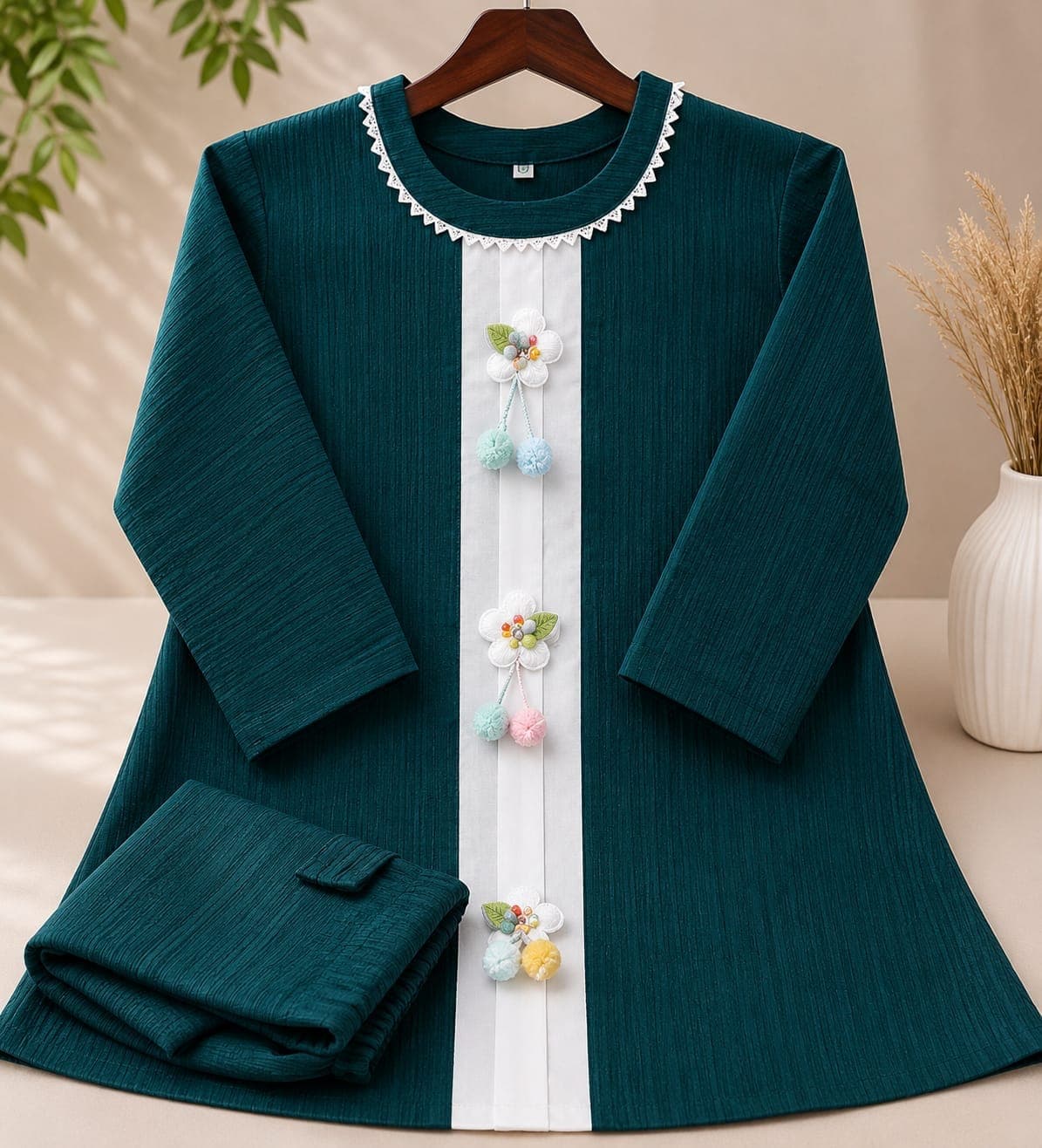 Women’s Dark Green Two Piece Dress Set with Baggy Pants – Stylish Printed Tunic & Trousers