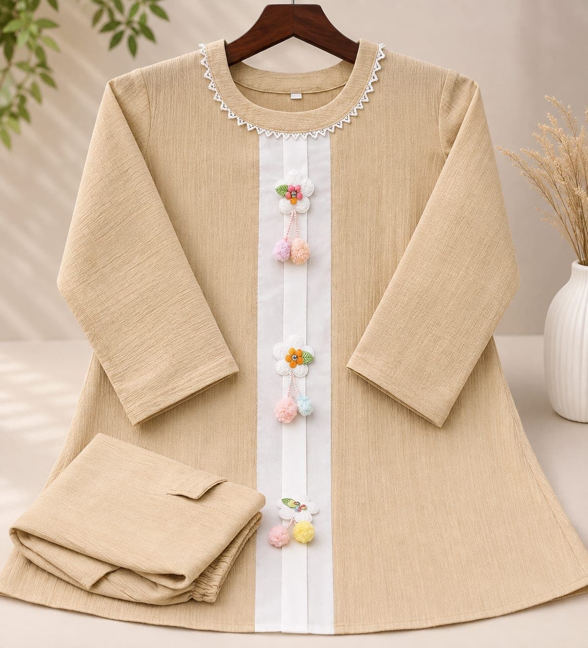Girls Beige Two Piece Tunic & Baggy Pants Set – Floral Applique & Pom Pom Design | Free Size