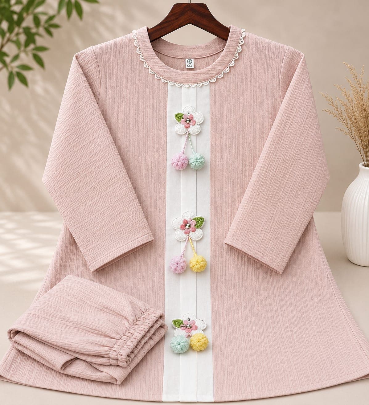 Girls Pink Two Piece Dress Set with Baggy Pants – 3D Floral & Pom Pom Design | Free Size