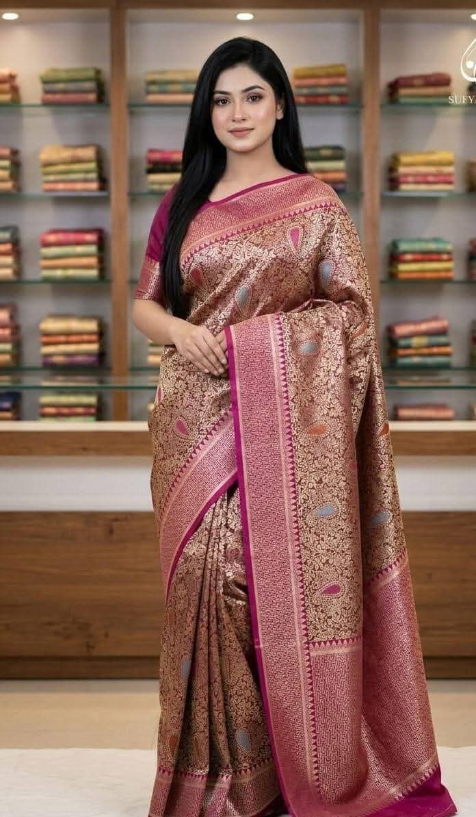 ✨ Premium Gold & Magenta Silk Saree with Intricate Traditional Paisley Zari Weave