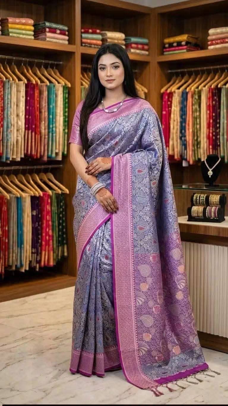 ✨ Premium Lavender Silk Brocade Saree with Striking Magenta-Pink Zari Border & Pallu