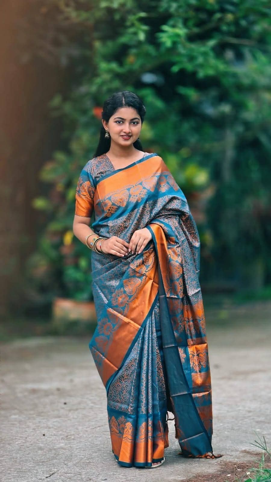 Teal Blue & Burnt Orange Kanjivaram Katan Silk Saree for Women