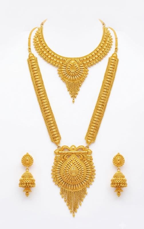 Gold Plated Bridal Necklace Set with Long Necklace & Matching Earrings