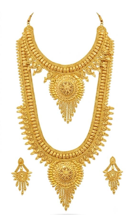 Gold Plated Indian Madraji Necklace & Sitahar Set – Traditional Circular Pendant Jewelry