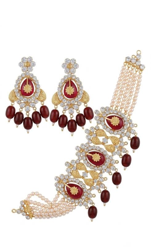 Indian Bridal Jewelry Set with Maroon Stone & White Crystal Accents