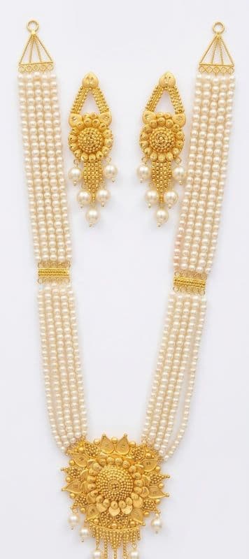 Gold Plated Indian Sita Har Pearl Necklace Set with Floral Pendant & Matching Earrings